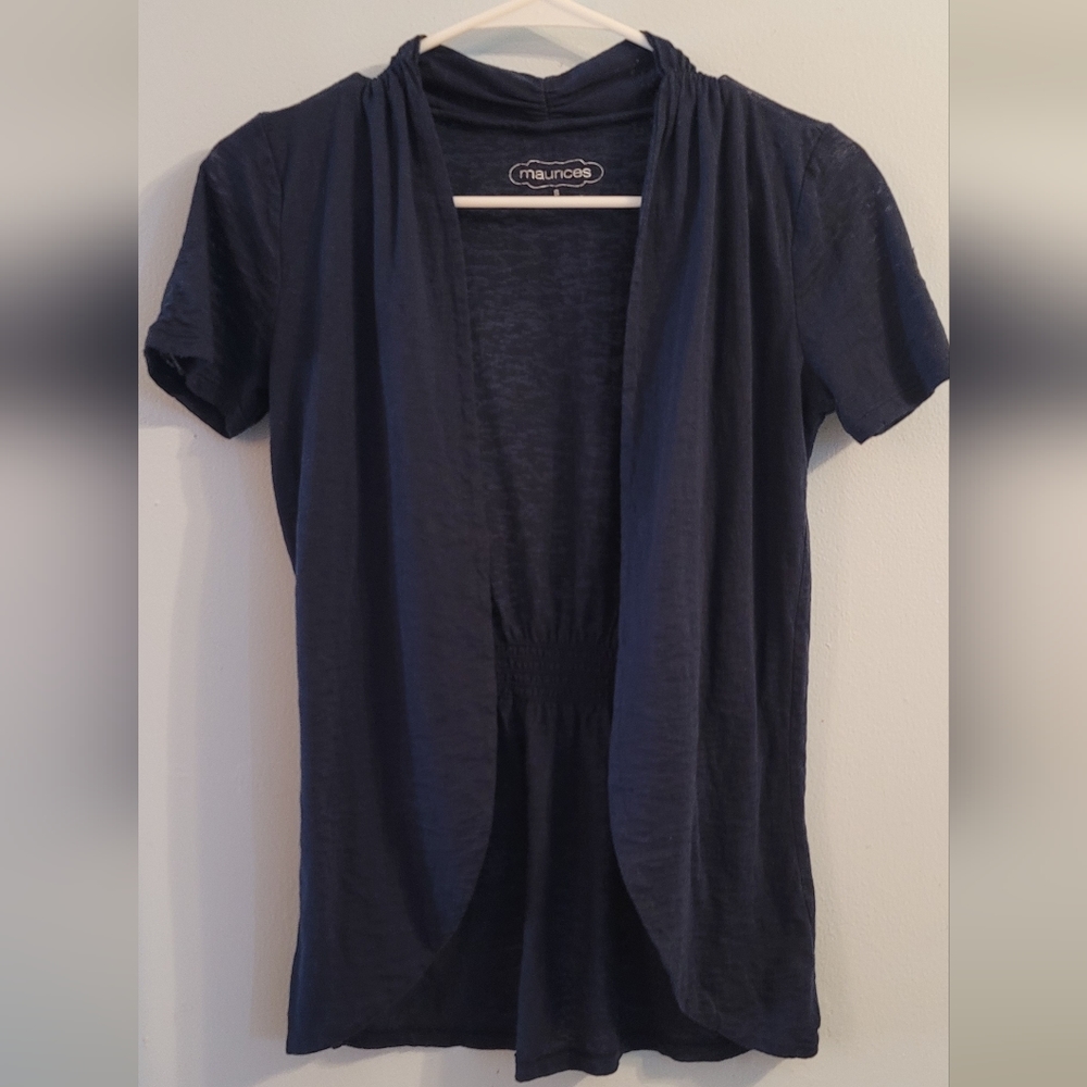 maurices blue sheer cinched in the back Short Sleeve Open Front Sweater